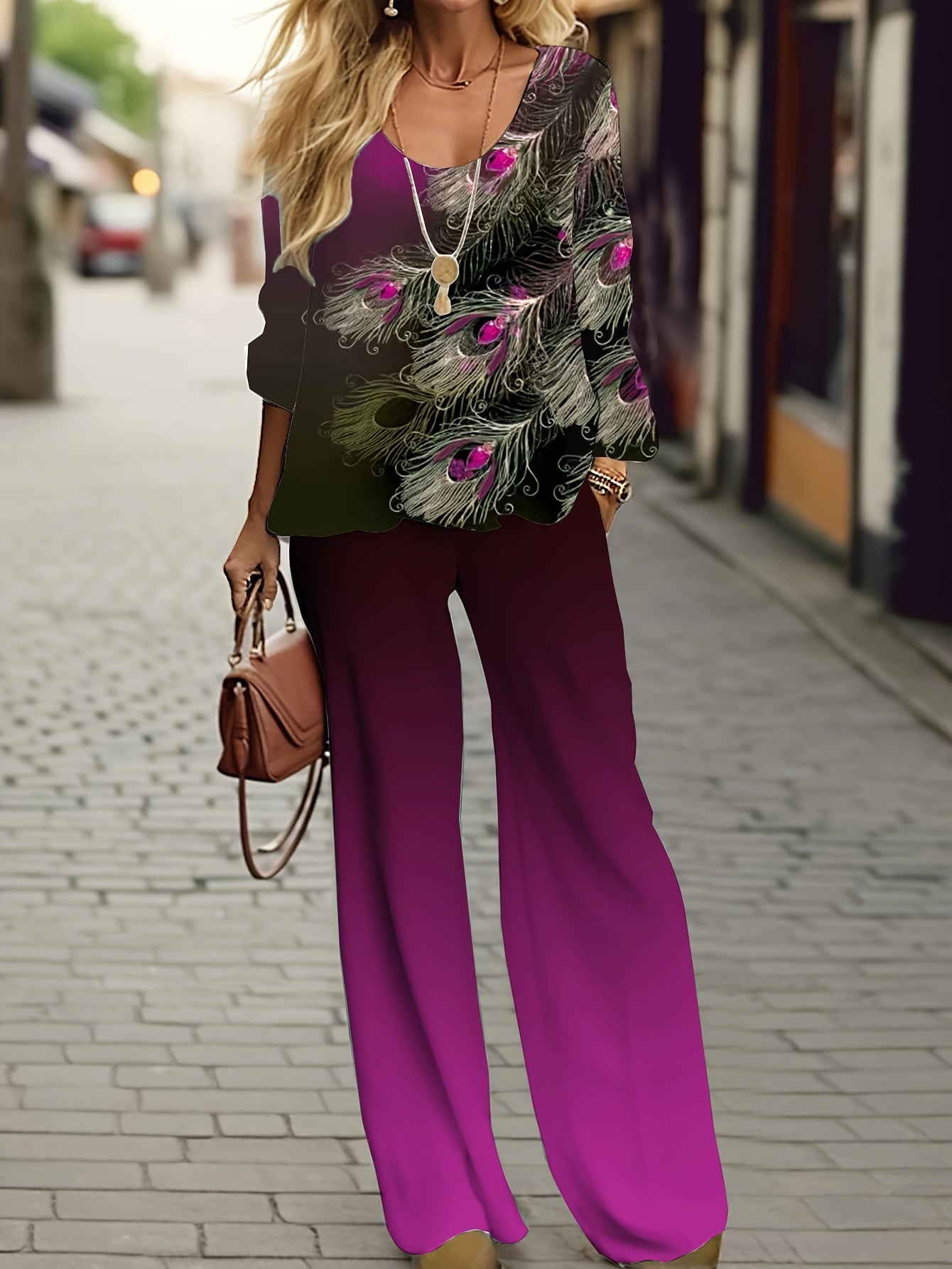 Ombre & Feather Print Tee & Pants Set