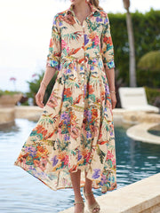 Plus Tropical Print Button Up Half Sleeve Shirt Dress