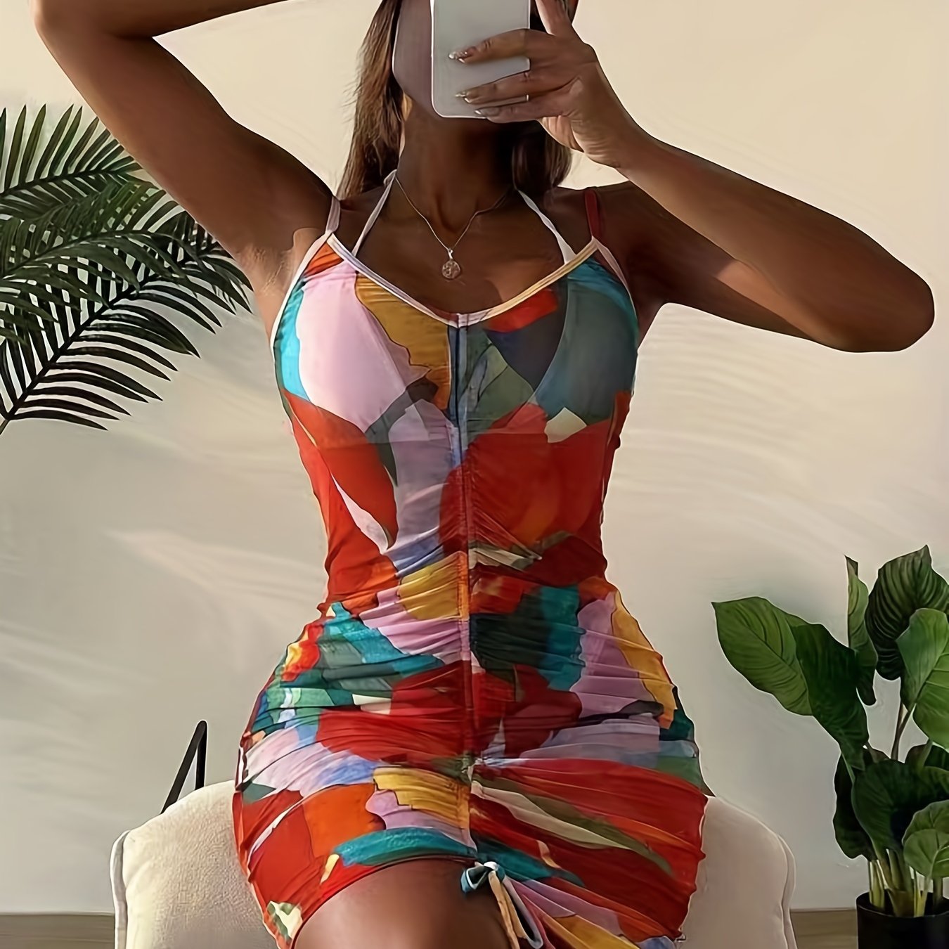Colorful Drawstring Spaghetti Strap Beach Cover Up Dress