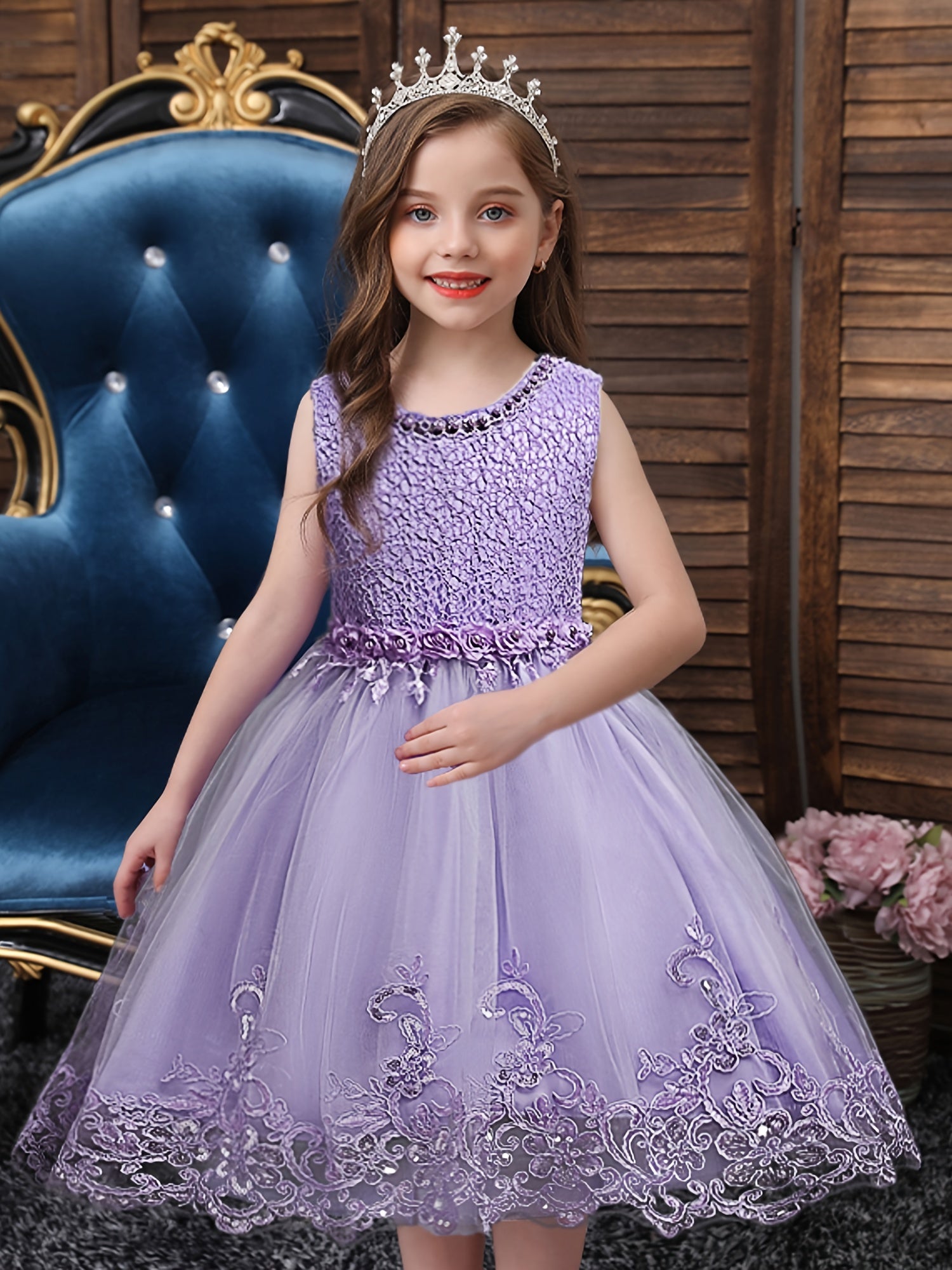 Girls Princess Dress Sleeveless Flower Embroidery Lace Mesh Tutu Dress