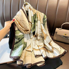 Camellia Print Satin Large Scarf Silk Shawl Casual Windproof Head Wrap