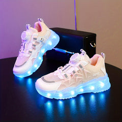 Girl's LED Running Shoes with Rotating Buckle Anti-skid Sneakers