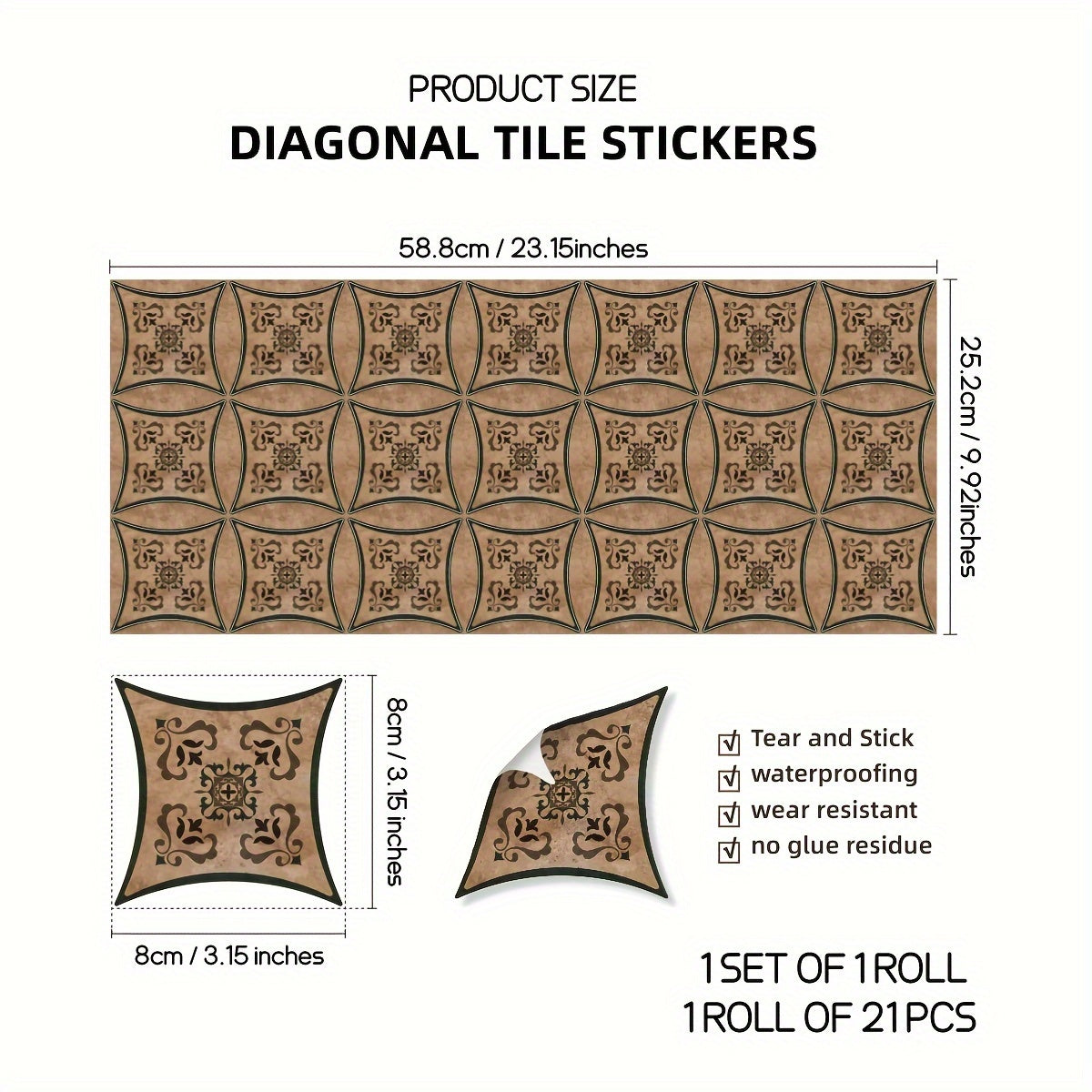 21 Moroccan Printed Ceramic Tiles Self Adhesive Waterproof Home Decor