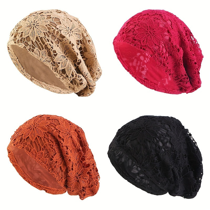 Lace Beanie Double Layer Flower Slouchy Baggy Hat for Women