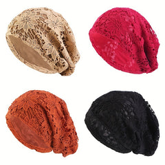 Lace Beanie Double Layer Flower Slouchy Baggy Hat for Women