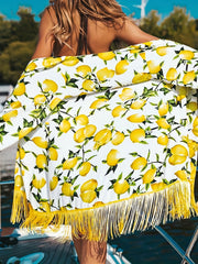 Fruit Print Tassel Cover Up Shirt V Neck Loose Fit Beachwear Kimono