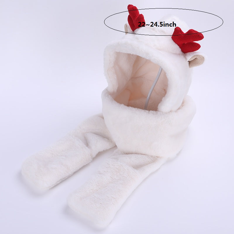 Christmas Rabbit Fur Antlers Winter Cartoon Hat Scarf Gloves Set