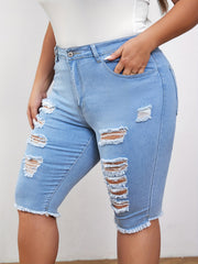 Casual Jeans Women's Plus Ripped Fringe Trim Button Fly Jeans