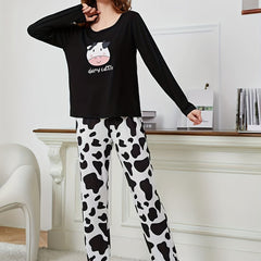 Cow Print Lounge Set Crew Neck Top & Pants Women's Loungewear