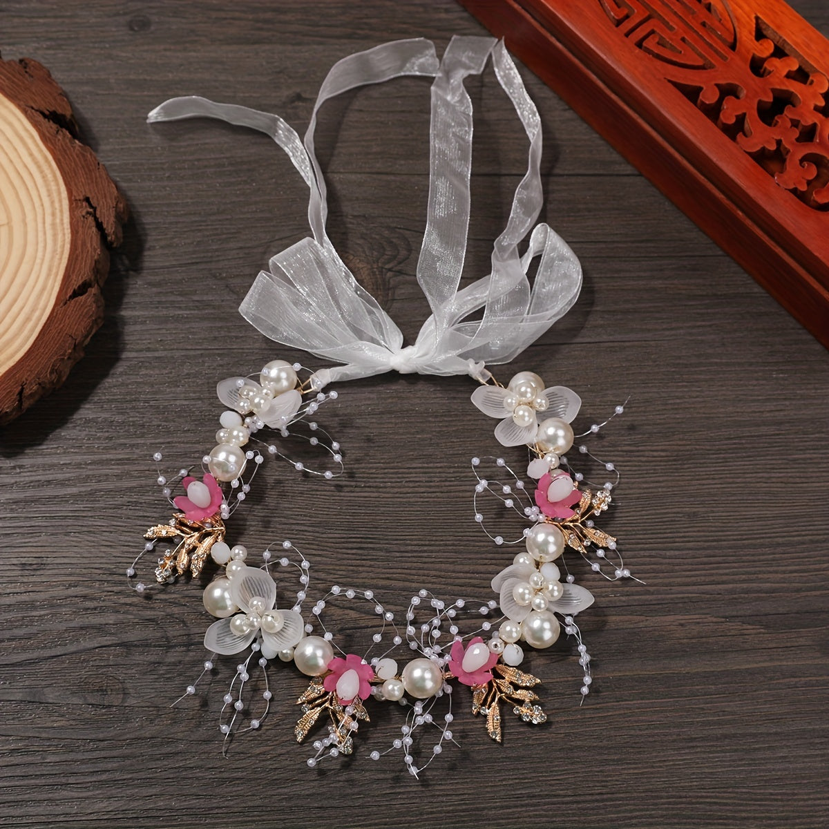 Fairy Golden Leaf Headband with Pearl Flower Hair Band for Girls