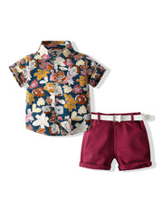 Boys Flower Outfit Shirt & Shorts & Belt Casual Summer Kids Clothes