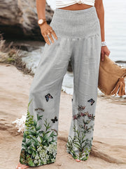 Floral & Butterfly Print High Waist Wide Leg Ribbed Pants