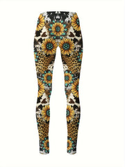 Girls Sunflower Graphic Leggings, Western Style, Thick, Fall Winter