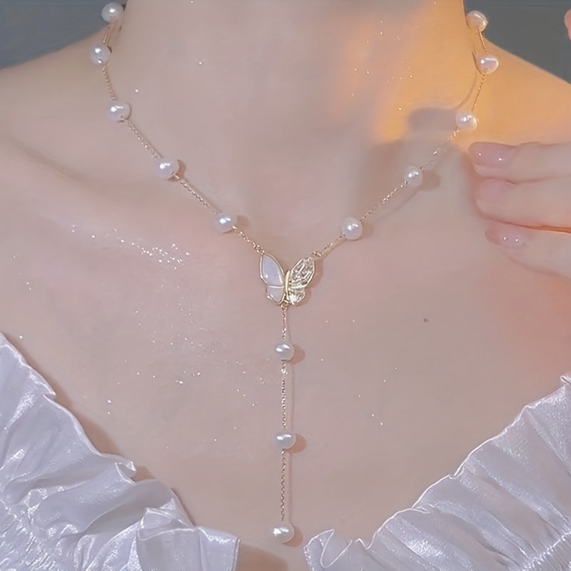 Faux Pearl Tassel Butterfly Necklace Women's Collar Chain