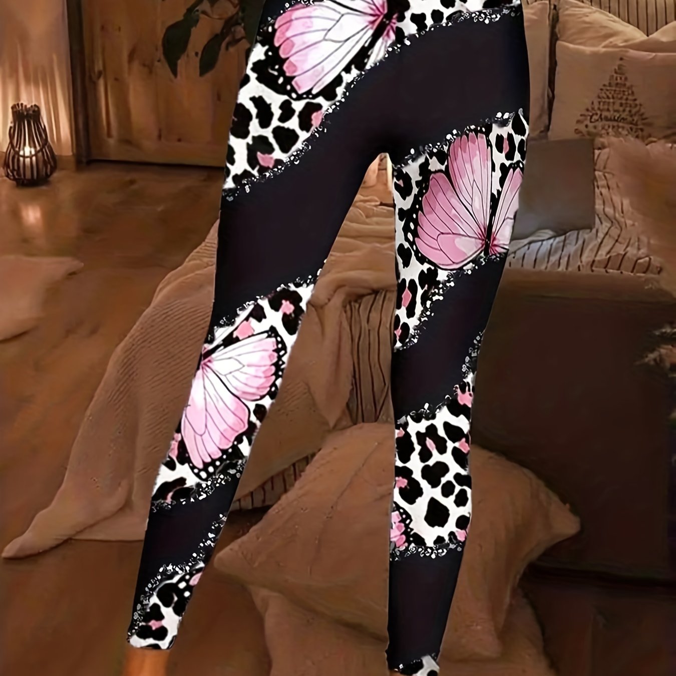 Butterfly & Leopard Print Skinny Leggings High Waist Stretchy Leggings
