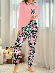 Plus Leopard & Butterfly Print Long Sleeve Top & Leggings Set