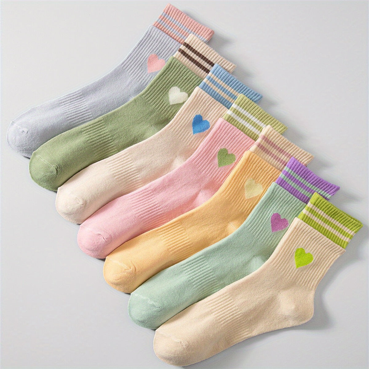 7 Pairs Heart Print Striped Socks Women's Mid Tube Stockings