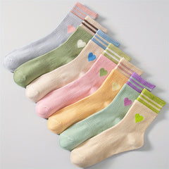 7 Pairs Heart Print Striped Socks Women's Mid Tube Stockings