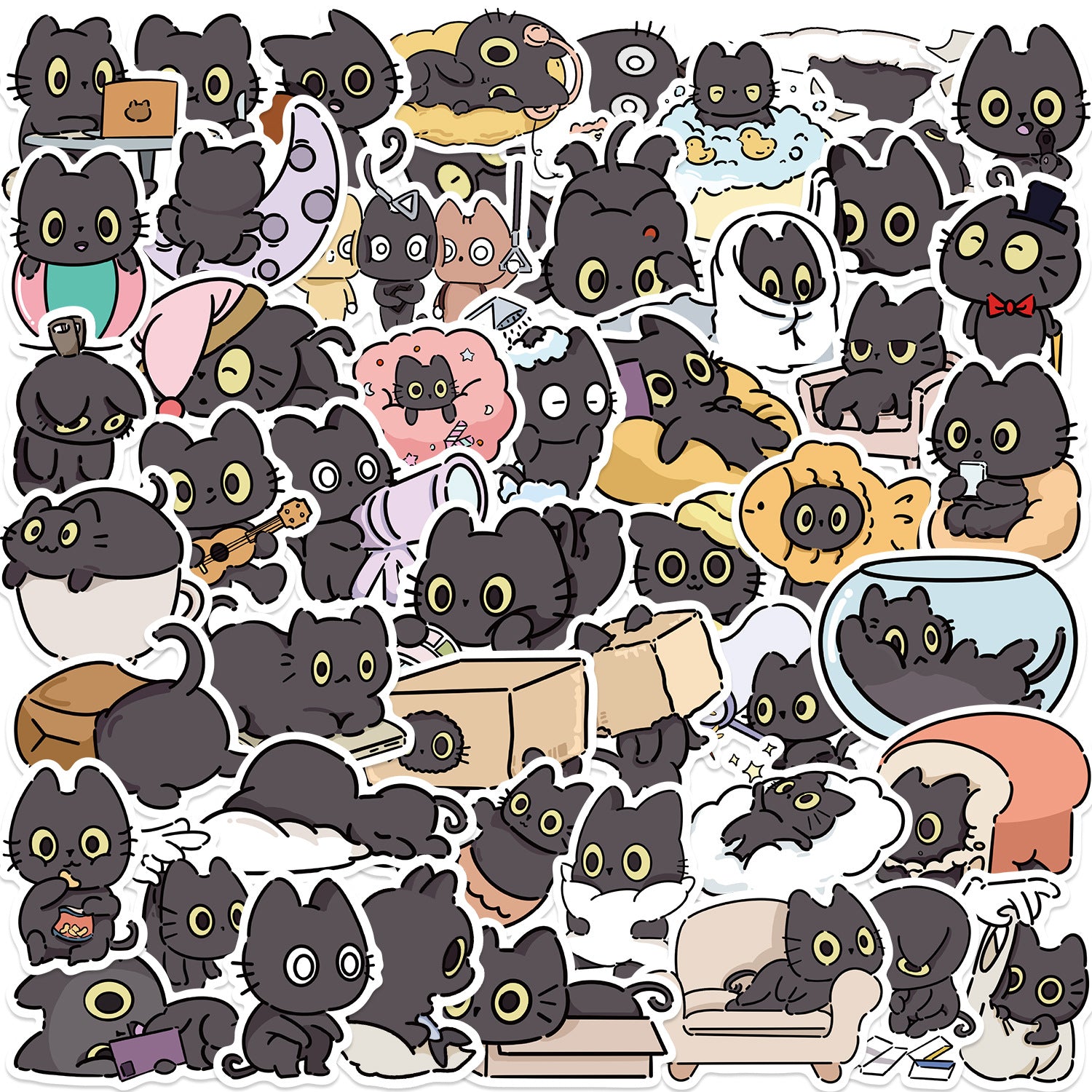 50pcs Cat Cartoon Stickers for Luggage Guitar Skateboard, Fun Vinyl Decoration
