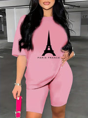 Paris Print Two piece Set Short Sleeve Crew Neck T Shirt & Shorts