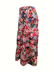 Boho Skirt Women's Plus Floral Print Elastic High Rise Swing Maxi Skir