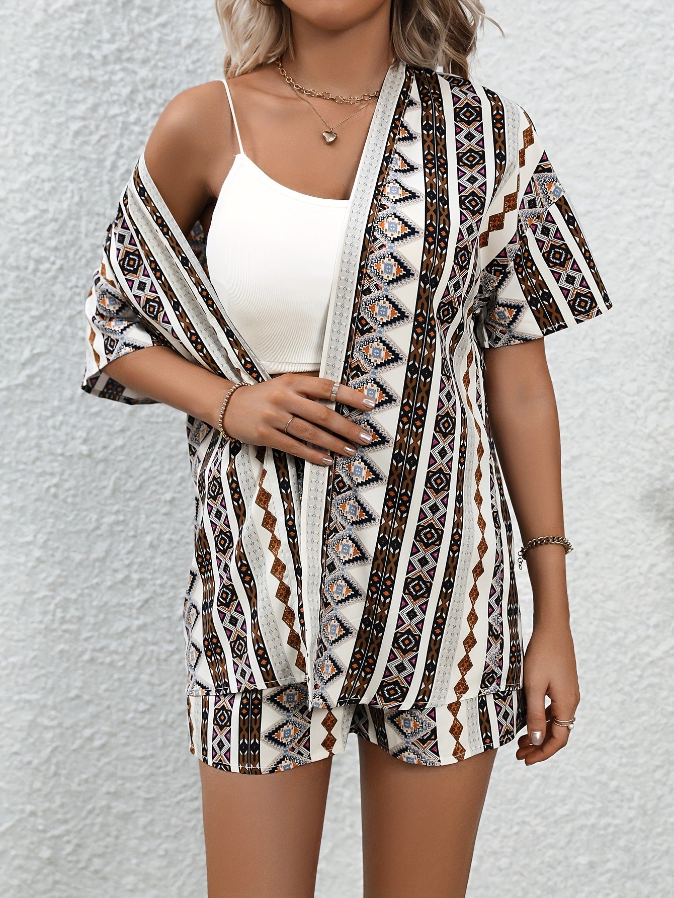Argyle Print Two Piece Set Short Sleeve Tops & Drawstring Shorts