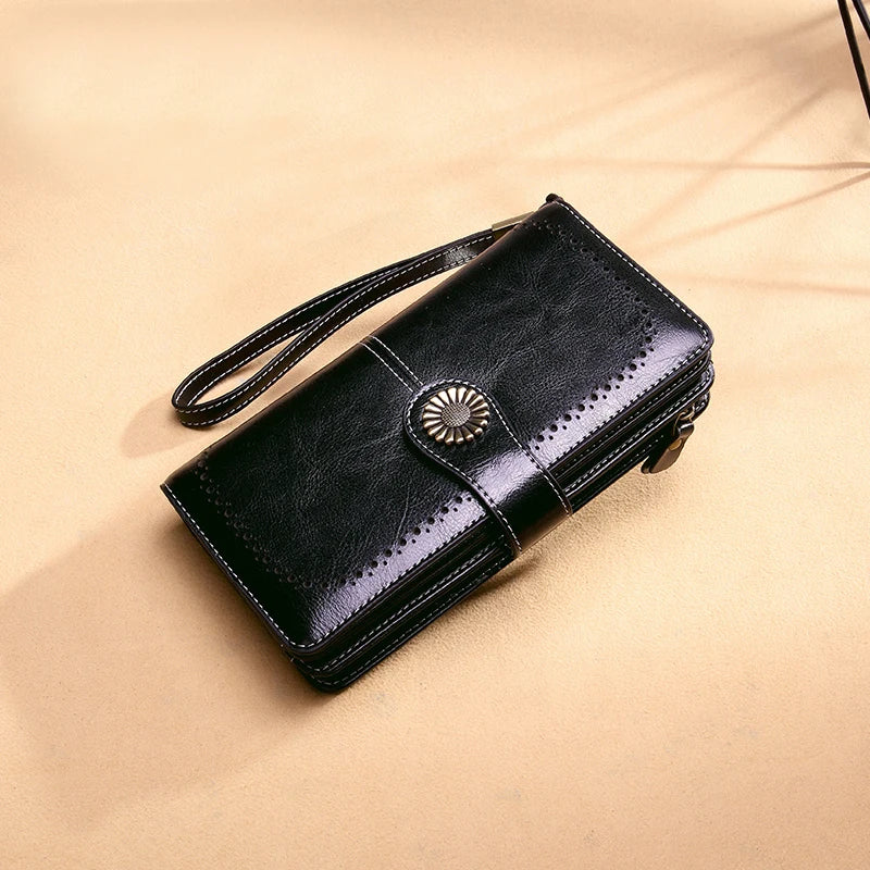 Vintage Hollow Women Wallet Money Clip Leather Clutch Retro Female Long Purse