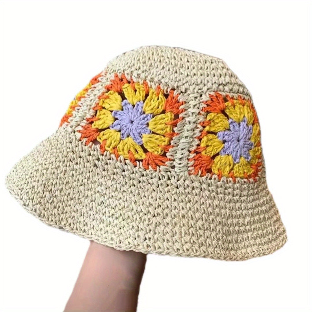 Sunflower Crochet Bucket Hat Straw Fisherman Cap Women Sunscreen Beach Hats