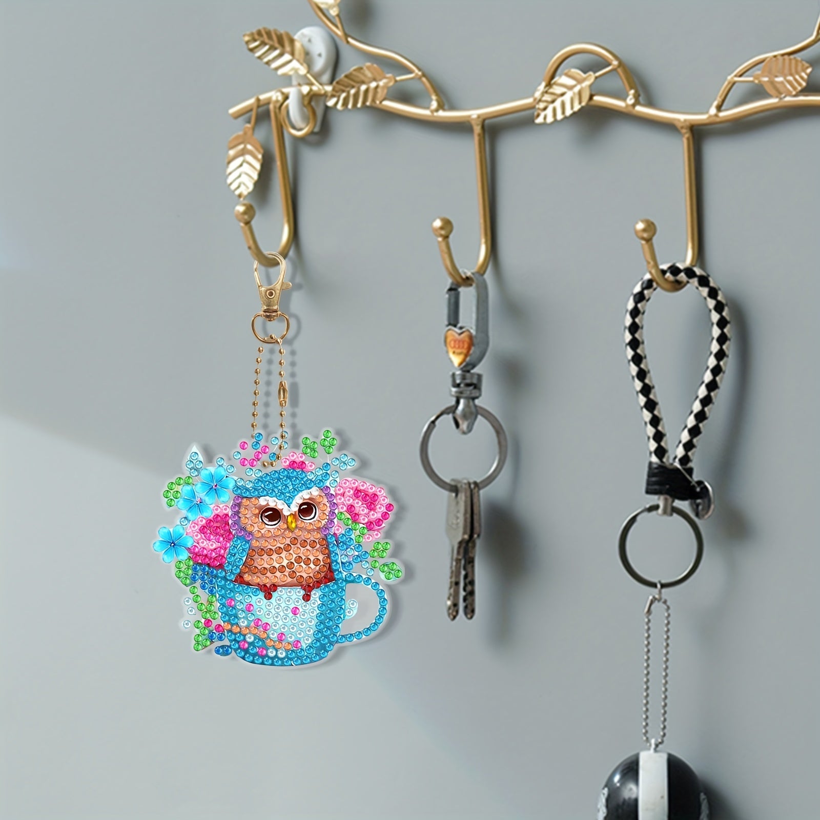 6pcs DIY Pink Owl Diamond Painting Keychain Kit
