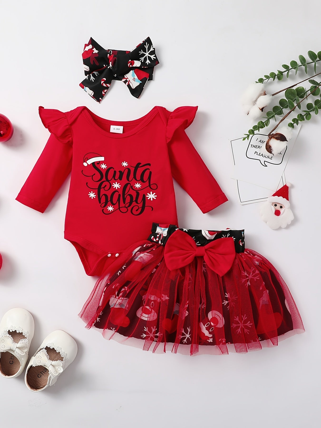 Baby Girls Christmas Outfit Long Sleeve Romper & Snowman Tulle Dress Set