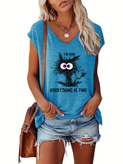 Cat Print V Neck Tank Top Cap Sleeve