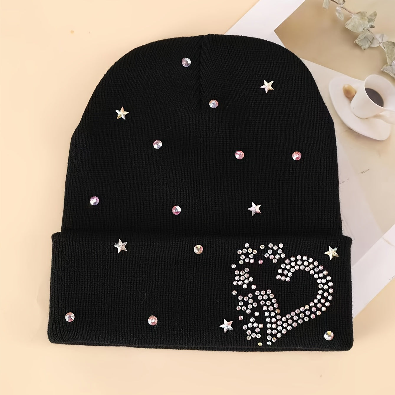 Heart Rhinestone Beanie Hat Winter Soft Knit Warm Skull Cap
