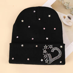 Heart Rhinestone Beanie Hat Winter Soft Knit Warm Skull Cap
