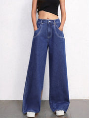 Double Pocket Detail Wide Leg Mopping Jeans Mid Rise Washed Patch