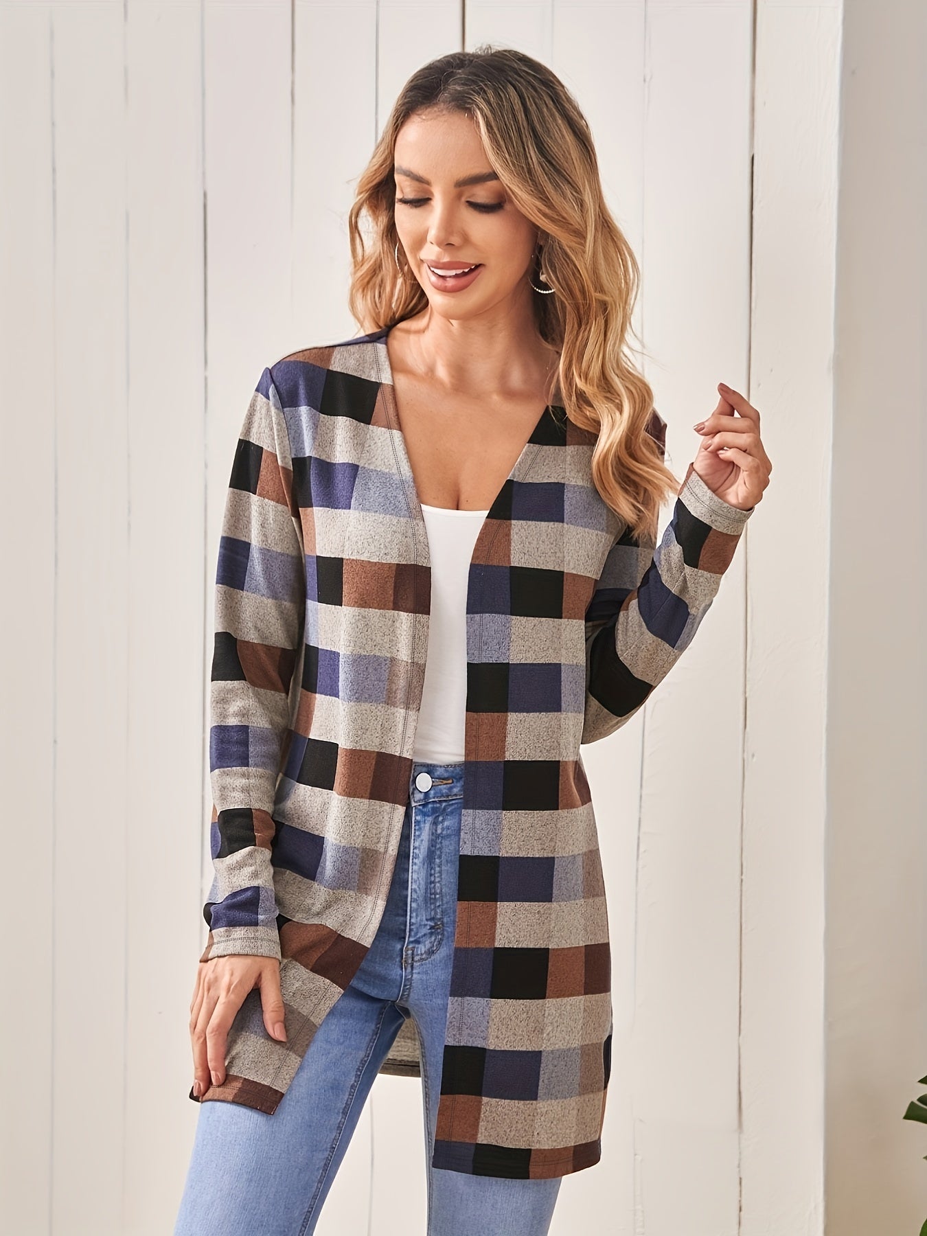Plaid Print Cardigan Open Front Long Sleeve Outerwear