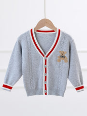Boys Bear Embroidered Cardigan Sweater Long Sleeve Crew Neck Tops
