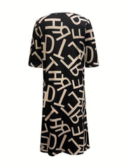 Random Print Short Sleeve Notched Neck Dress for Women