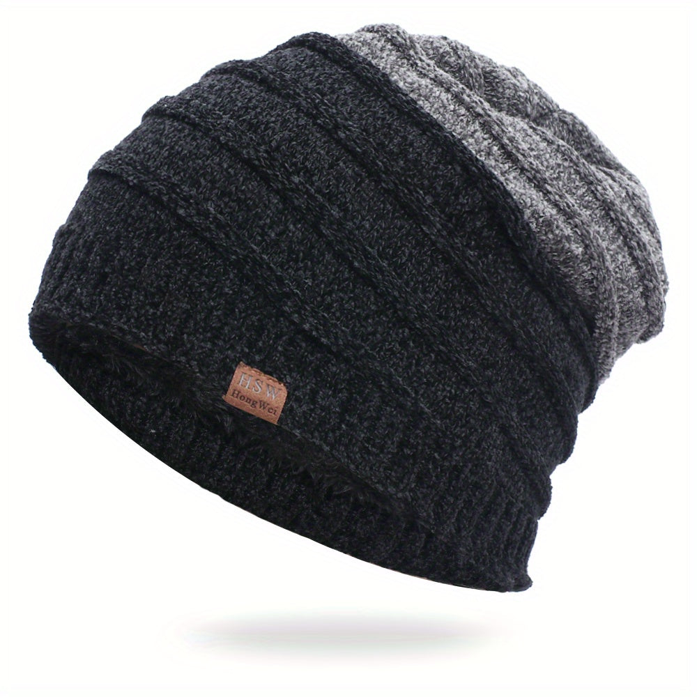 Men's Plus Fleece Beanie Outdoor Warm Knitted Hat Ski Hip Hop Hat