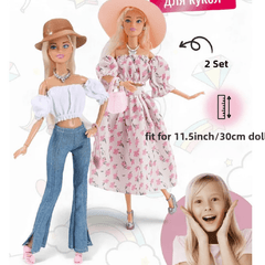 Doll Dress Kit: Floral Dress & Crop Top with Jeans, 2 Hats, 2 Tote Bags, 2 Shoes