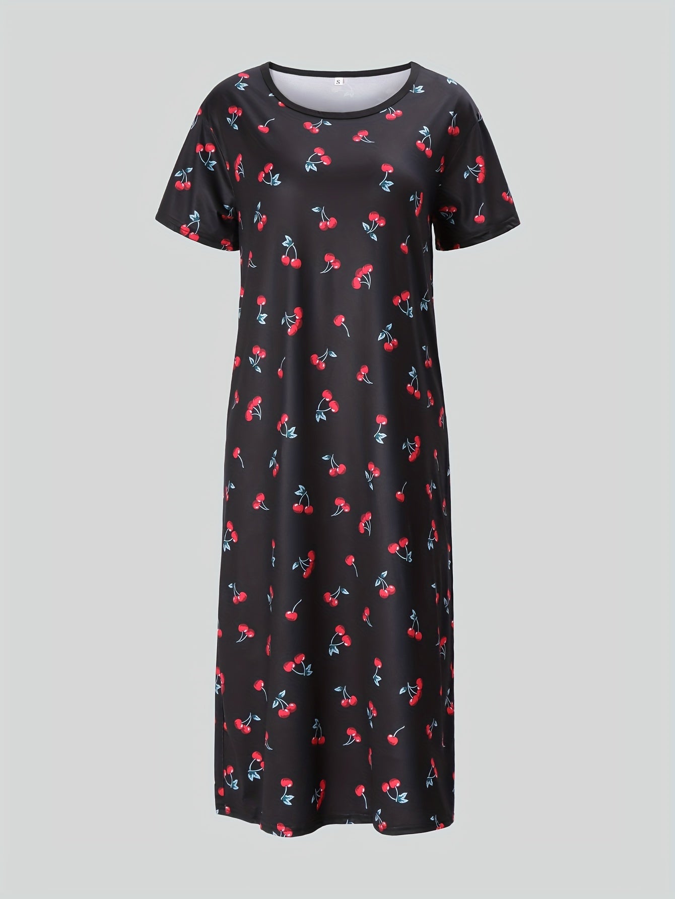 Cherry Print NightDress Short Sleeve Crew Neck Pajama Dress Women's Sleepwear
