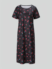 Cherry Print NightDress Short Sleeve Crew Neck Pajama Dress Women's Sleepwear