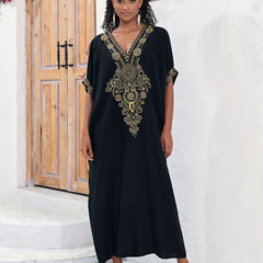 Boho Abaya Maxi Dress Women's Plus Batwing Sleeve V Neck Geometric