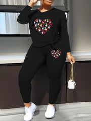 Women's Plus Gnomes & Heart Print Long Sleeve Tee & Pants Outfits 2 Piece Set