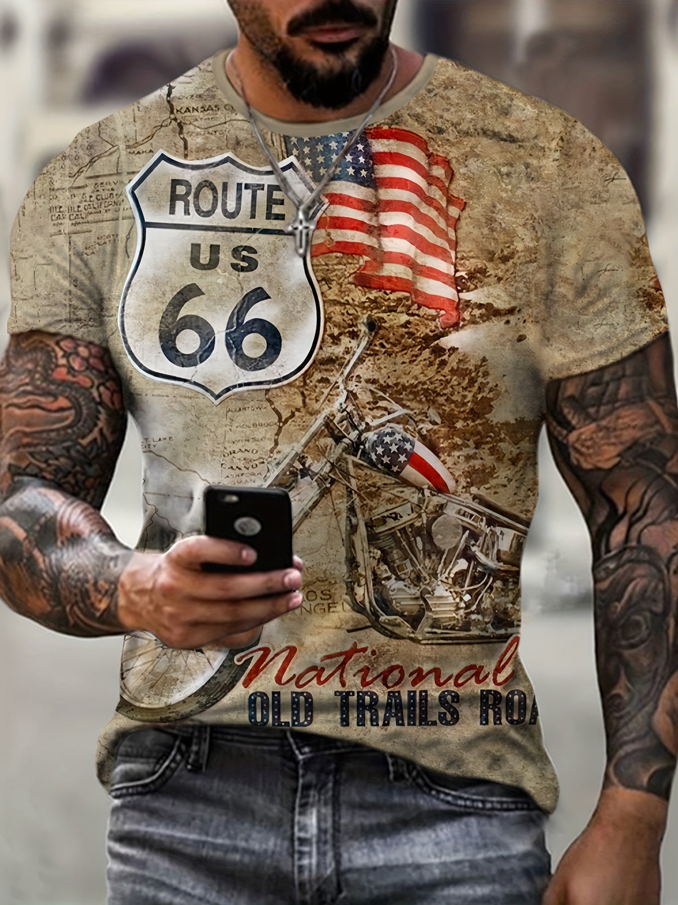 Retro 3D Motorcycle Graphic Print Men's Crew Neck T Shirt for Summer