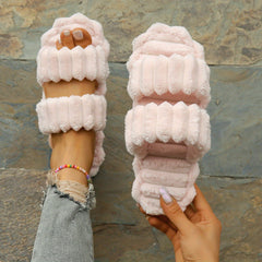 Women's Plush Double Straps Slippers Soft Open Toe Home Shoes