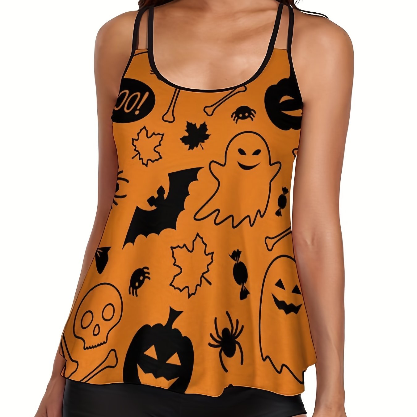 Halloween Tankini Set Women's Plus Ghost & Pumpkin Print Swimwear