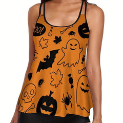 Halloween Tankini Set Women's Plus Ghost & Pumpkin Print Swimwear