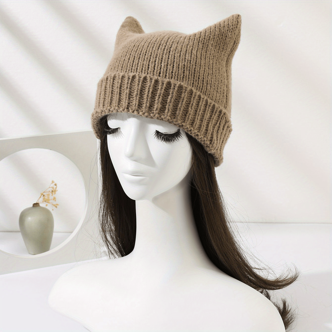Gray Cat Ears Knitted Beanie Lightweight Knit Hat Elastic Windproof Skull Hat