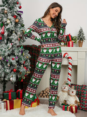 Christmas Snowflake Print Romper V Neck Long Sleeve Buttons Pajamas