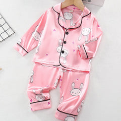 Girl's Rabbit Pattern 2pcs Button Front Long Sleeve Top & Pants Set